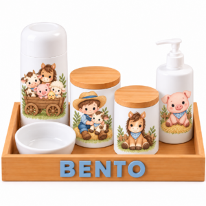 Kit Higiene Bebê Personalizado em Porcelana Fazendinha – 6 Peças com Bandeja