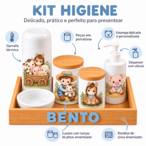 Kit Higiene Bebê Personalizado em Porcelana Fazendinha – 6 Peças com Bandeja