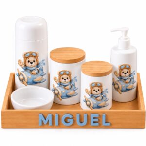 Kit Higiene Bebê Personalizado em Porcelana Ursinho Aviador – 6 Peças com Bandeja