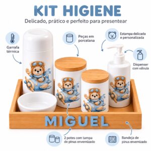Kit Higiene Bebê Personalizado em Porcelana Ursinho Aviador – 6 Peças com Bandeja