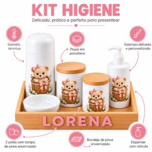 Kit Higiene Bebê Personalizado em Porcelana Ursinha Florista – 6 Peças com Bandeja