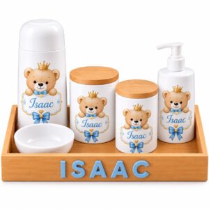 Kit Higiene Bebê Personalizado em Porcelana Ursinho Príncipe – 6 Peças com Bandeja