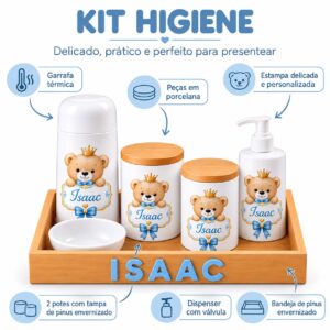 Kit Higiene Bebê Personalizado em Porcelana Ursinho Príncipe – 6 Peças com Bandeja