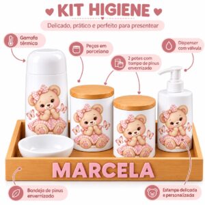Kit Higiene Bebê Personalizado em Porcelana Ursinha xadrez – 6 Peças com Bandeja