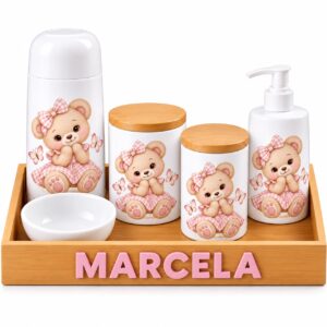 Kit Higiene Bebê Personalizado em Porcelana Ursinha xadrez – 6 Peças com Bandeja