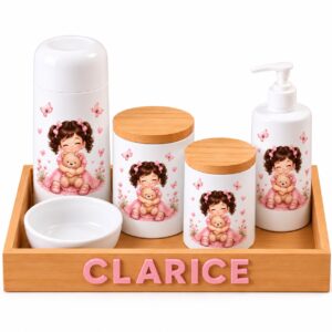Kit Higiene Bebê Personalizado em Porcelana Bonequinha – 6 Peças com Bandeja