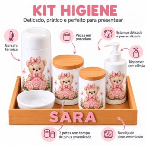 Kit Higiene Bebê Personalizado em Porcelana Ursinha Laço – 6 Peças com Bandeja
