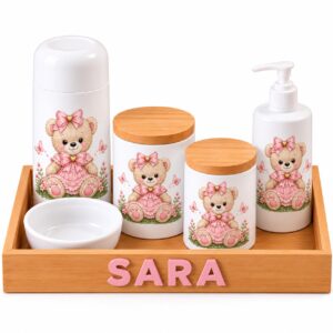 Kit Higiene Bebê Personalizado em Porcelana Ursinha Laço – 6 Peças com Bandeja