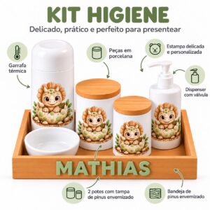 Kit Higiene Bebê Personalizado em Porcelana Dino Verde – 6 Peças com Bandeja