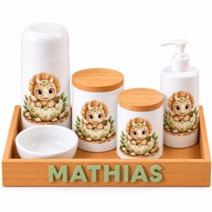 Kit Higiene Bebê Personalizado em Porcelana Dino Verde – 6 Peças com Bandeja