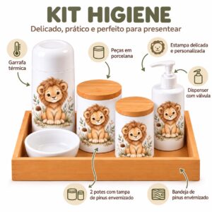 Kit Higiene Bebê Personalizado em Porcelana Leão – 6 Peças com Bandeja