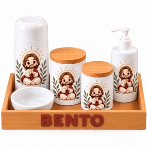 Kit Higiene Bebê Personalizado em Porcelana Jesus – 6 Peças com Bandeja