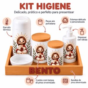 Kit Higiene Bebê Personalizado em Porcelana Jesus – 6 Peças com Bandeja