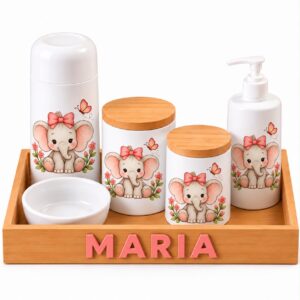 Kit Higiene Bebê Personalizado em Porcelana Elefantinha – 6 Peças com Bandeja