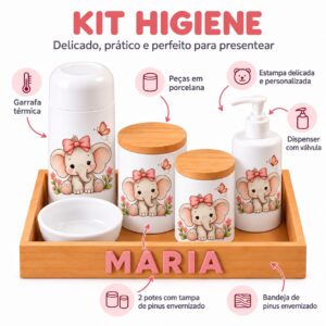 Kit Higiene Bebê Personalizado em Porcelana Elefantinha – 6 Peças com Bandeja