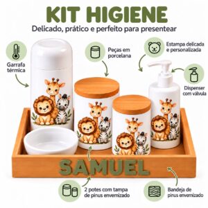 Kit Higiene Bebê Personalizado em Porcelana Safari – 6 Peças com Bandeja