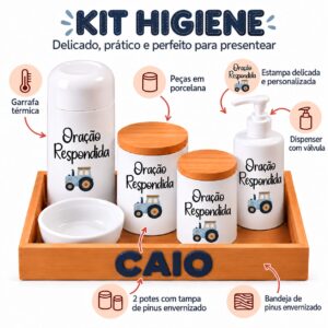 Kit Higiene Bebê Personalizado em Porcelana Oração Respondida Carro – 6 Peças com Bandeja