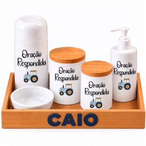 Kit Higiene Bebê Personalizado em Porcelana Oração Respondida Carro – 6 Peças com Bandeja